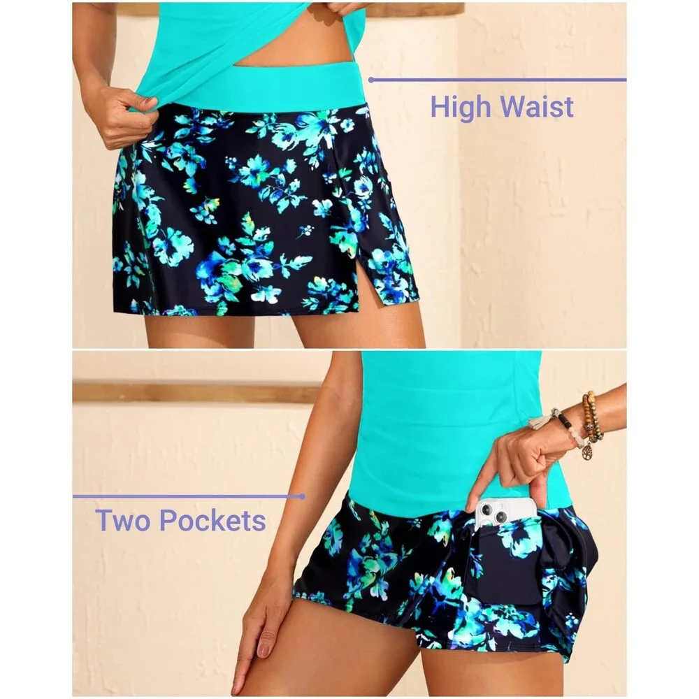 Tempt Women's Blue Me Tankini Swimsuits Skirt Aqua Floral Two Piece Tummy XXL